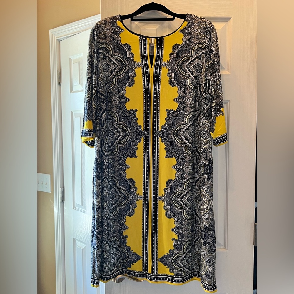 Yellow and blue print, knee length dress.